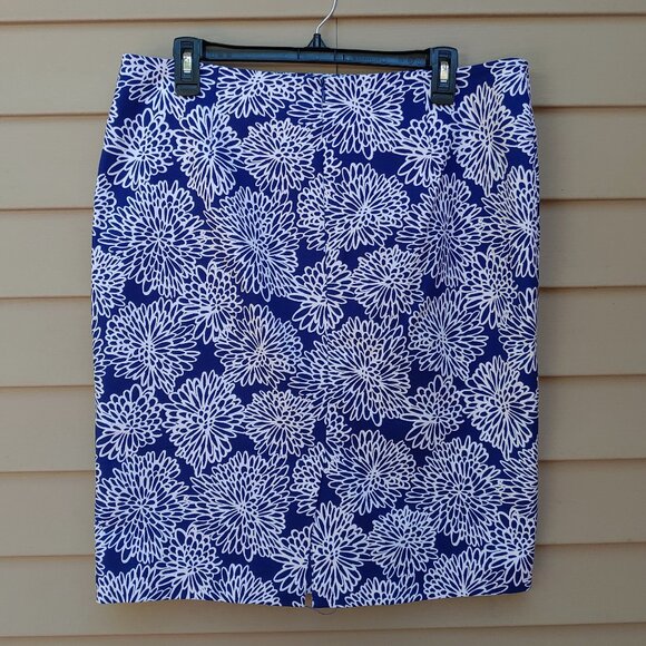 Liz Claiborne Straight Skirt Abstract Floral Print Blue White Cotton Blend - Picture 6 of 10